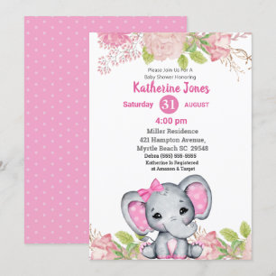 Niedliche Elephant Pink Floral Baby Dusche Einladu Einladung