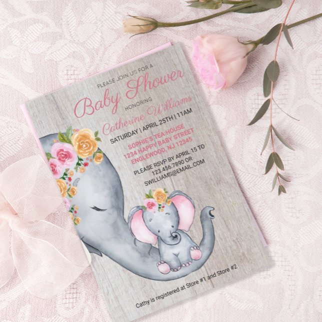 Niedliche Elephant Pink Floral Baby Dusche Einladu Einladung (Von Creator hochgeladen)