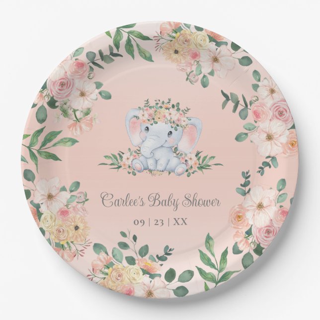 Niedliche Elephant Pink Floral Baby Girl Babydusch Pappteller (Vorderseite)