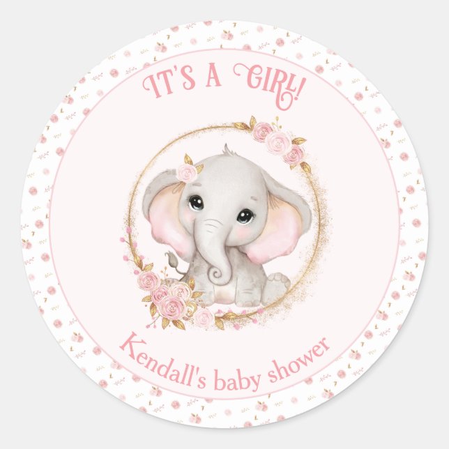 Niedliche Elephant Pink Girl Babyaufkleber Runder Aufkleber (Vorderseite)