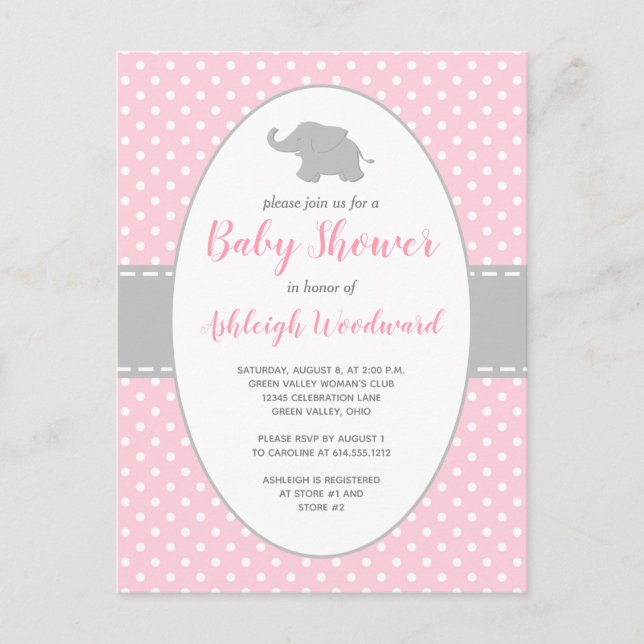 Niedliche Elephant Pink Polka Dot Girl Babydusche Einladungspostkarte (Vorderseite)