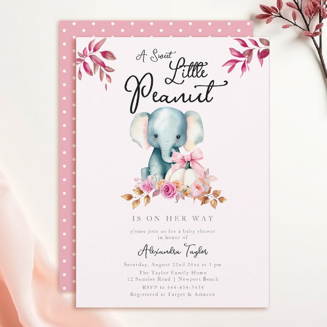 Niedliche Elephant Pumpkin Herbstlaubs Girl Baby D Einladung (fall baby shower themes little peanut elephant pumpkin greenery floral watercolor pink burgundy)
