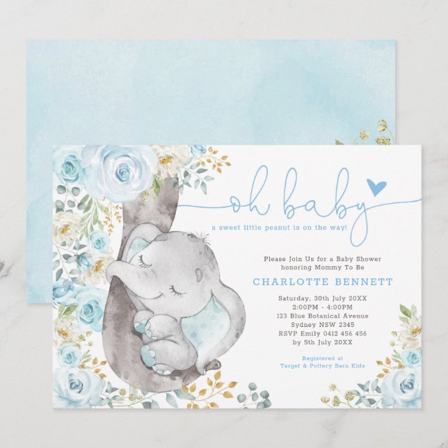 Niedliche Elephant Soft Blue Floral Boy Baby Dusch Einladung (Vorne/Hinten)