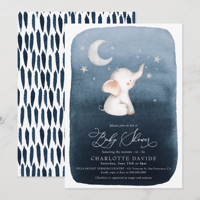 Niedliche Elephant Stars & Moon Navy Baby Dusche Einladung (Vorne/Hinten)