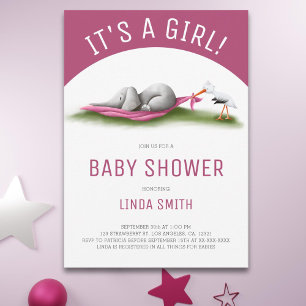 Niedliche Elephant Stork Girl Babydusche Einladung