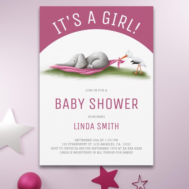 Niedliche Elephant Stork Girl Babydusche Einladung (Von Creator hochgeladen)