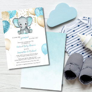 Niedliche Elephant Turquiose Gold Balloons Babydus Einladung