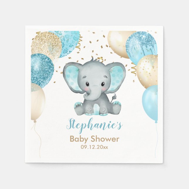 Niedliche Elephant Turquiose Gold Balloons Babydus Serviette (Vorderseite)