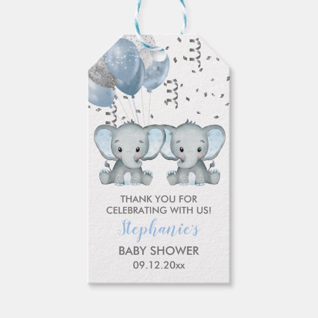 Niedliche Elephant Twin Boy Balloons Babydusche Geschenkanhänger (Vorderseite)