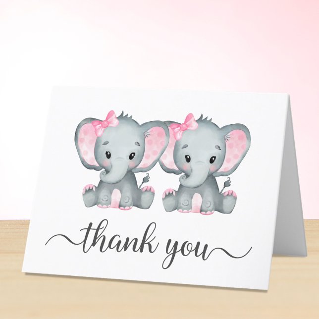 Niedliche Elephant Twin Girls Babydusche Dankeskarte (Von Creator hochgeladen)