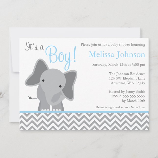 Niedliche Elephant Zickzack Light Blue Baby Dusche Einladung (Vorderseite)