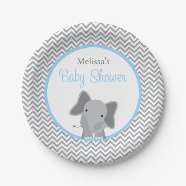 Niedliche Elephant Zickzack Light Blue Baby Dusche Pappteller (Vorderseite)