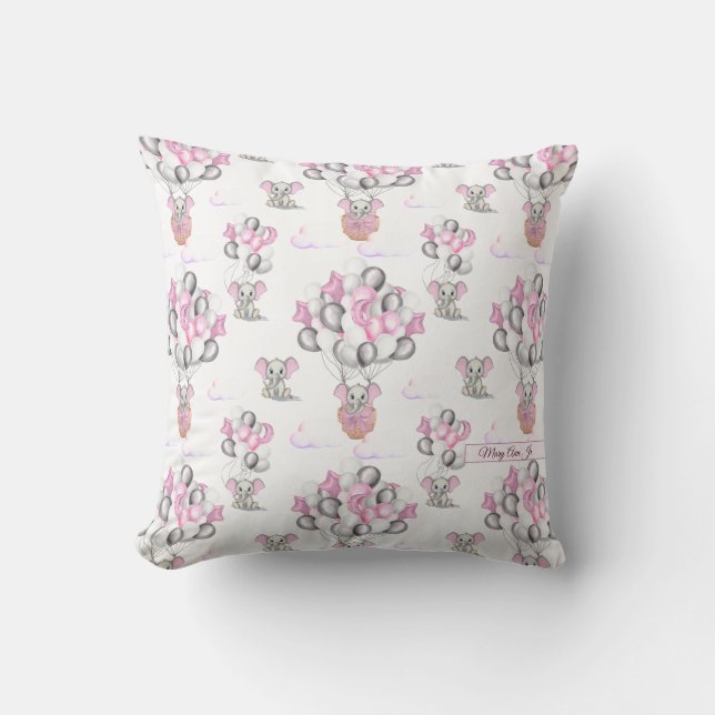 Niedliche Elephants Balloons & Clouds Baby Girl Kissen (Vorderseite)