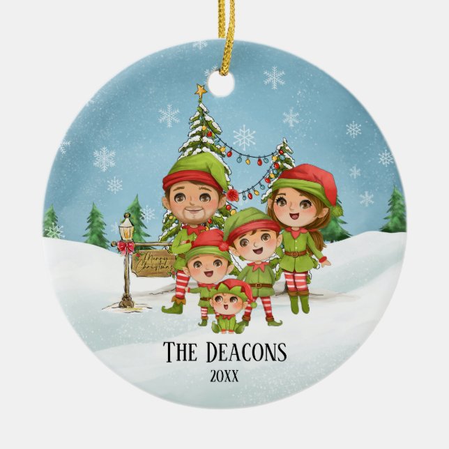 Niedliche Elf-Familie: 5 Personalisierte Weihnacht Keramik Ornament (Vorne)