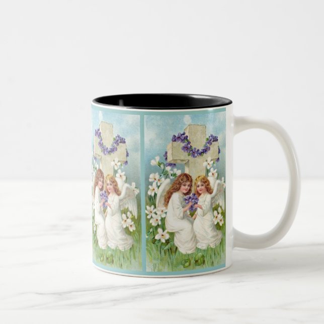Niedliche Engel mit Kreuz und Blumen Zweifarbige Tasse (Rechts)