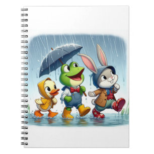 Niedliche Ente, Frosch, im Regen sonnig Notizblock