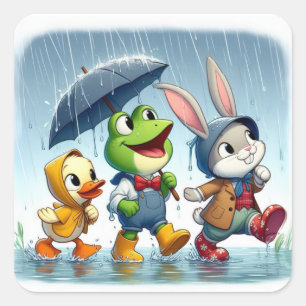 Niedliche Ente, Frosch, im Regen sonnig Quadratischer Aufkleber