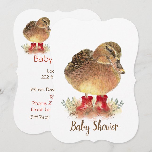 Niedliche Ente in Red Boots Baby Dusche Einladung (Vorne/Hinten)
