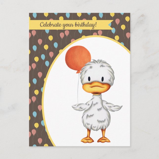 Niedliche Ente zeichnend mit Orange Balloon Geburt Postkarte (Vorderseite)