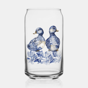 Niedliche Enten im Delft-Stil, blau und weiß, mit Dosenglas