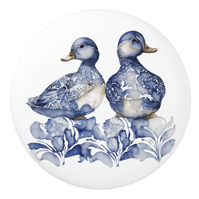Niedliche Enten im Delft-Stil, blau und weiß, mit  Keramikknauf (Vorderseite)