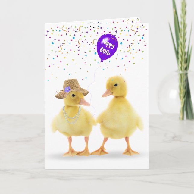 Niedliche Enten mit 60. Geburtstagsballon Karte (Vorderseite)