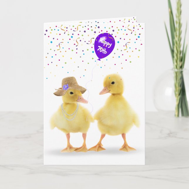Niedliche Enten mit 70. Geburtstagsballon Karte (Vorderseite)