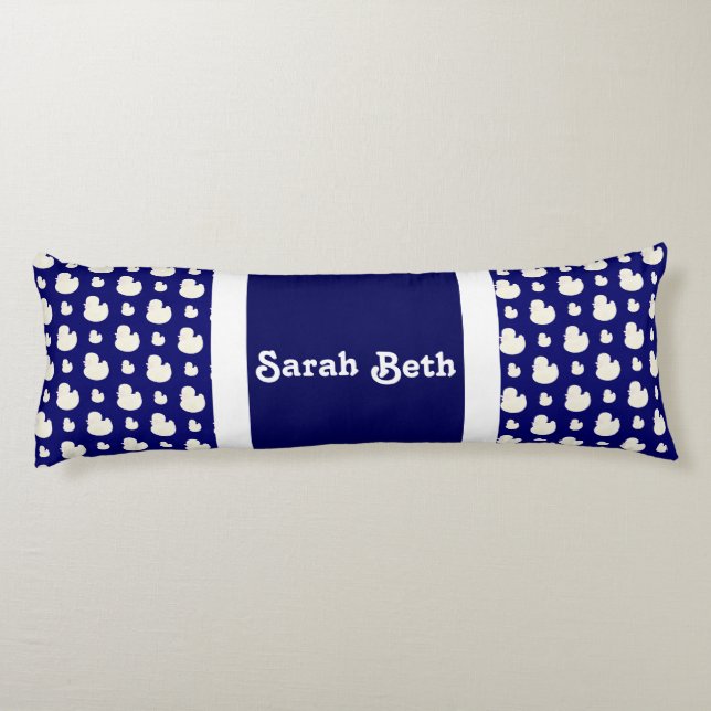 Niedliche Enten, Navy Blue & White, Name hinzufüge Seitenschläferkissen (Rückseite)