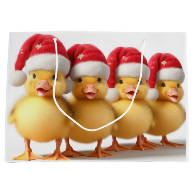 Niedliche Entlein mit Weihnachtsmannmützen Große Geschenktüte (Vorderseite)