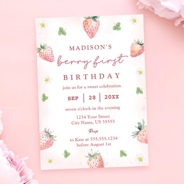 Niedliche Erdbeere Berry Erster Geburtstag Einladung (Von Creator hochgeladen)