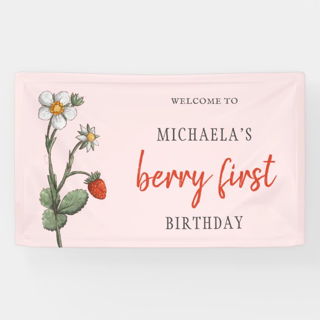 Niedliche Erdbeere Blume Berry Erster Geburtstag Banner (Horizontal)