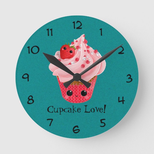 Niedliche Erdbeere Cupcake Runde Wanduhr (Vorderseite)