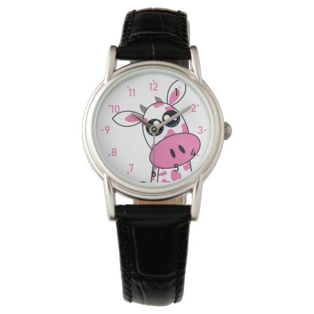 Niedliche Erdbeere Kuh lächelt Gesicht Armbanduhr (Vorderseite)