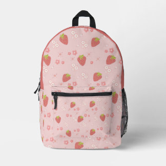 Niedliche Erdbeere mit Blume. Bedruckter Rucksack