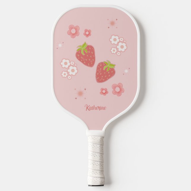 Niedliche Erdbeere mit Blume. Pickleball Schläger (Vorderseite)