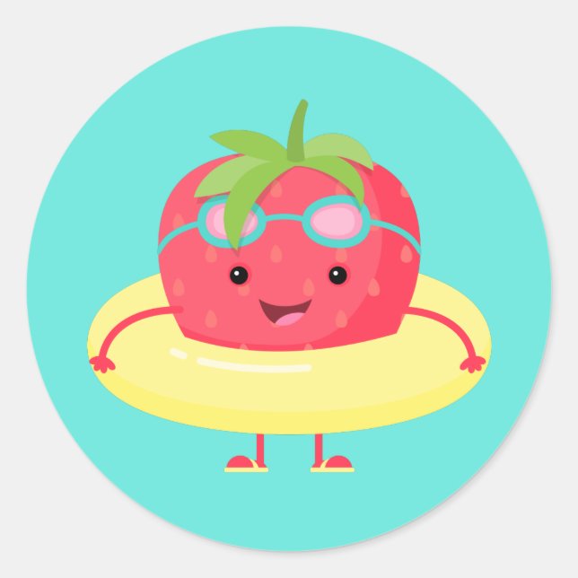 Niedliche Erdbeere Schwimmer Runder Aufkleber (Vorderseite)