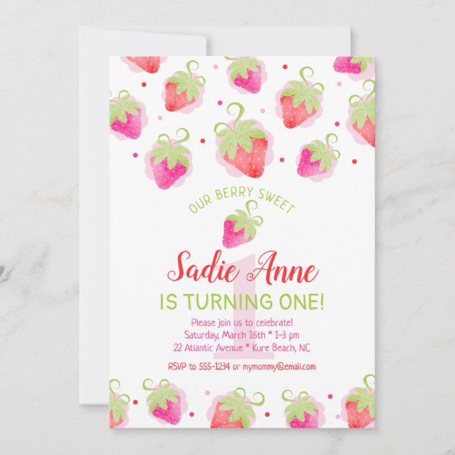 Niedliche Erdbeeren Berry Sweet Red & Pink Birthda Einladung (Vorderseite)