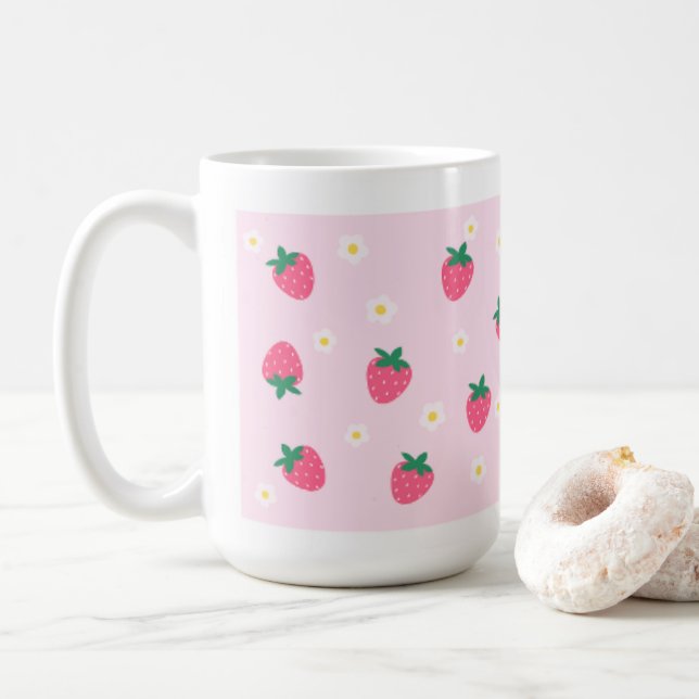 Niedliche Erdbeeren-Blume-Image-Tasse Kaffeetasse (Mit Donut)