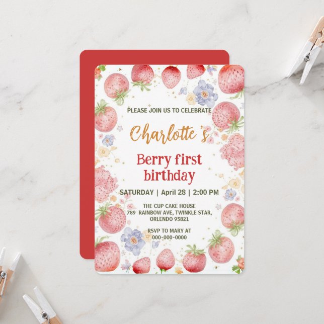 Niedliche Erdbeeren Regenbogenmuster 1. Einladung (Vorderseite/Rückseite Beispiel)