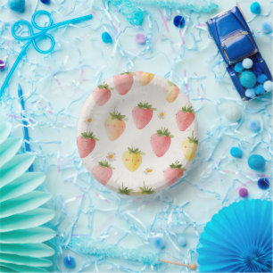 Niedliche Erdbeeren Regenbogenmuster Geburtstagspa Pappteller