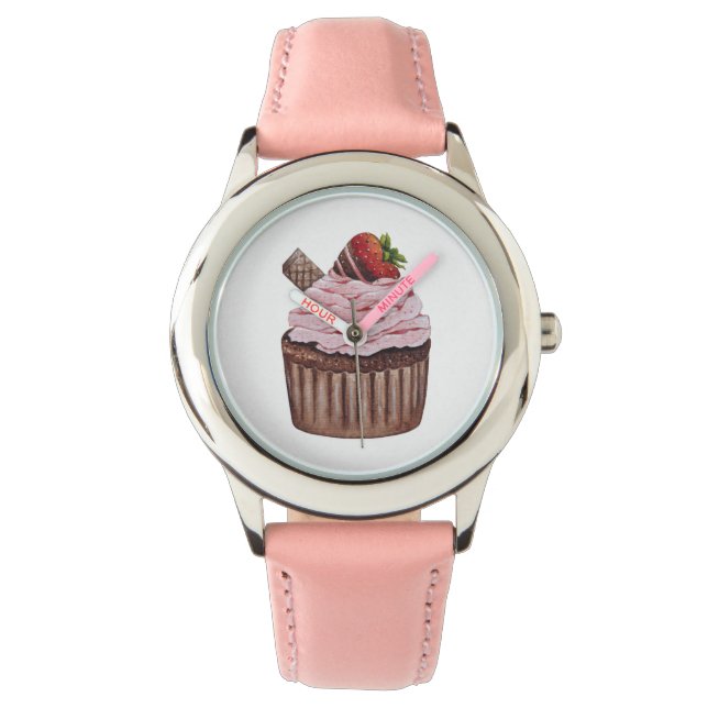 Niedliche Erdbeerkuchen in Aquarellfarbe Armbanduhr (Vorderseite)