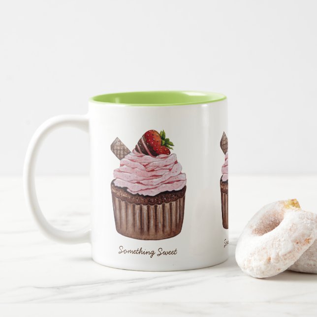 Niedliche Erdbeerkuchen in Aquarellfarbe Zweifarbige Tasse (Mit Donut)