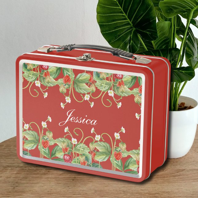 Niedliche Erdbeermetall-Lunchbox Metall Brotdose (cute sweet cottagecore strawberry personalized lunchbox with custom name in girly calligraphy script)