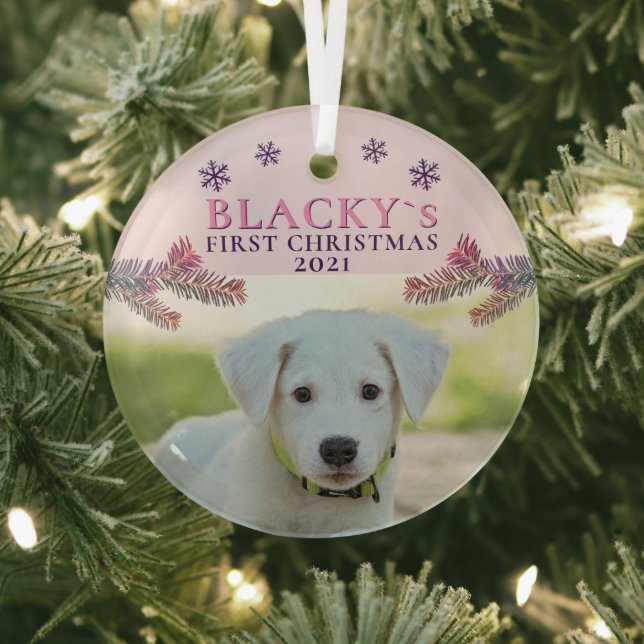 Niedliche Erste Weihnachtsfeier Welpe Pink Weihnac Ornament Aus Glas (InSitu)