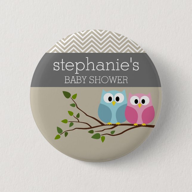 Niedliche Eule auf Branch Baby Girl oder Boy Dusch Button (Vorderseite)