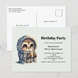 Niedliche Eule im Winter mit Kaffee Geburtstagspar Postkarte
