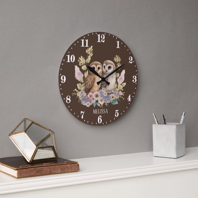 Niedliche Eule-Liebhaber fügen Namen hinzu Große Wanduhr (Büro)