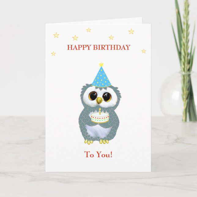 Niedliche Eule mit Birthday Cake and Stars on Whit Karte (Vorderseite)