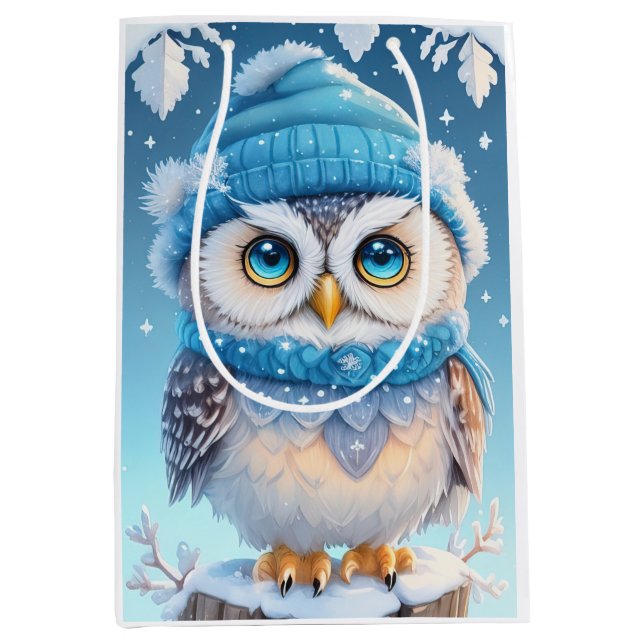 Niedliche Eule mit blauer Hutabbildungen Mittlere Geschenktüte (Vorderseite)