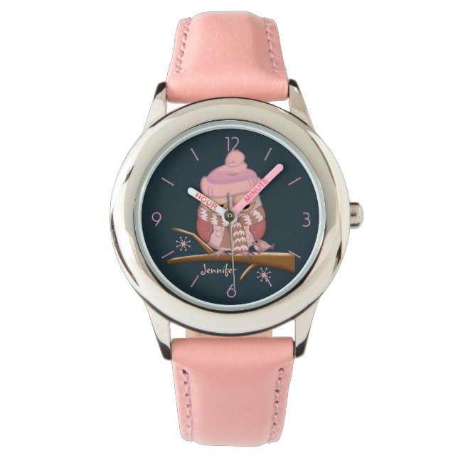 Niedliche Eule mit Hut und individuelle Name Armbanduhr (Vorderseite)
